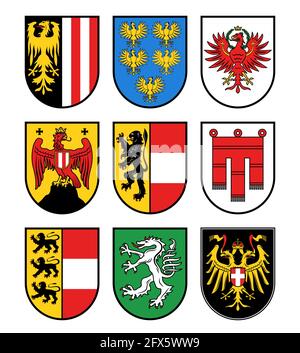 Österreich Regionen Heraldik, Österreich Staaten Vektor Wappen. Burgenland, Kärnten und Niederösterreich Embleme, Salzburg, Steiermark und Tirol, Oberösterreich Stock Vektor