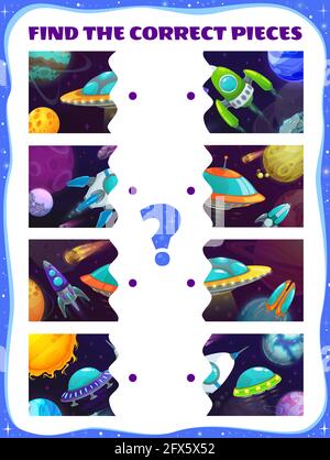Finden Sie die Stücke von Raumschiffen Spiel. Spiel die Hälften Kinder Test mit Raketen, Vektor-Rätsel für Kinder logische Aktivität, pädagogische Aufgabe mit Raum sh Stock Vektor