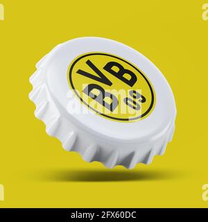 Madrid , SPANIEN - 25. Mai 2021: Borussia Dortmund 3D Rendering realistisches Flaschenverschlusslogo auf weißem, illustrativem Editorial Stockfoto