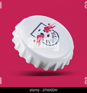 Madrid , SPANIEN - 25. Mai 2021: Red Bull Leipzig 3D Rendering realistisches Flaschendeckellogo auf weißem, illustrativem Editorial Stockfoto