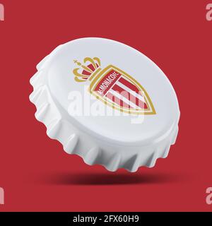 Madrid , SPANIEN - 25. Mai 2021: AS Monaco FC 3D rendern realistisches Flaschenkappenlogo auf weißem, illustrativem Editorial Stockfoto