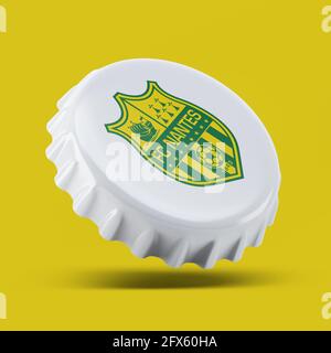 Madrid , SPANIEN - 25. Mai 2021: FC Nantes 3D Rendering realistisches Flaschenkappenlogo auf weißem, illustrativem Editorial Stockfoto