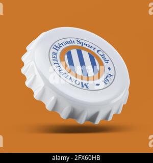 Madrid , SPANIEN - 25. Mai 2021: Montpellier HSC 3D Render realistisches Flaschenverschluss-Logo auf weißem, illustrativem Editorial Stockfoto