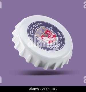 Madrid , SPANIEN - 25. Mai 2021: Toulouse FC 3D rendern realistisches Flaschenkappenlogo auf weißem, illustrativem Editorial Stockfoto