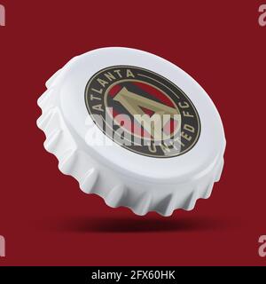 Madrid , SPANIEN - 25. Mai 2021: Atlanta United FC 3D rendern realistisches Flaschendeckellogo auf weißem, illustrativem Editorial Stockfoto