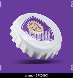 Madrid , SPANIEN - 25. Mai 2021: Orlando City FC3D rendern realistisches Flaschenkappenlogo auf weißem, illustrativem Editorial Stockfoto