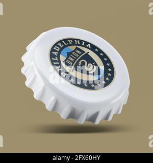 Madrid , SPANIEN - 25. Mai 2021: Philadelphia Union FC 3D rendern realistisches Flaschenkappenlogo auf weißem, illustrativem Editorial Stockfoto