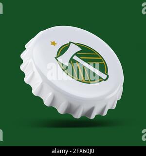 Madrid , SPANIEN - 25. Mai 2021: Portland Timbers 3D Rendering realistisches Flaschenkappenlogo auf weißem, illustrativem Editorial Stockfoto