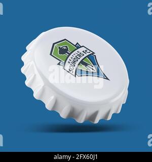 Madrid , SPANIEN - 25. Mai 2021: Seattle Sounders FC 3D rendern realistisches Flaschenkappenlogo auf weißem, illustrativem Editorial Stockfoto