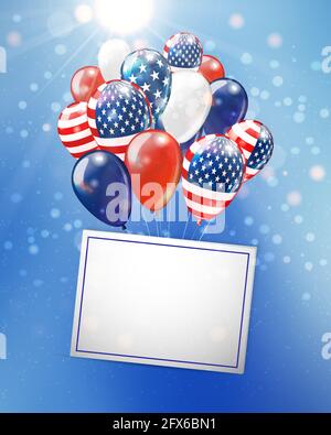 Unabhängigkeitstag USA Banner mit Ballons auf dem Hintergrund des blauen Himmels. Vector Grußkarte für den 4. Juli. Für Text platzieren. Stock Vektor