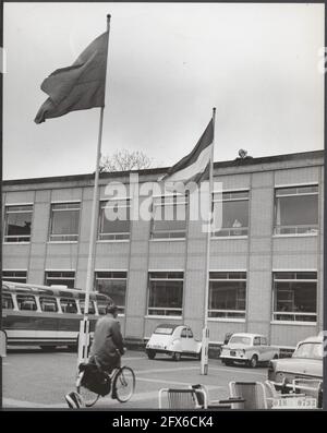 Der stadtrat von Zevenaar hatte beschlossen, dass am Hochzeitstag von Prinzessin Irene die Flaggen auf die öffentlichen Gebäude gesetzt werden sollten. Die Bevölkerung hatte auch die Flagge, 29. April 1965, Gemeinden, Hochzeiten, königshaus, Flaggen, Niederlande, Foto der Presseagentur des 20. Jahrhunderts, Nachrichten zur Erinnerung, Dokumentarfilm, historische Fotografie 1945-1990, visuelle Geschichten, Menschliche Geschichte des zwanzigsten Jahrhunderts, Momente in der Zeit festzuhalten Stockfoto