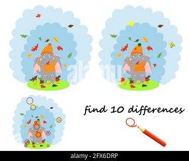 Finden Sie den Unterschied, steht ein Cartoon Elefant unter einem Regenschirm. Ein Spiel für Kinder. vektor isoliert auf einem weißen Hintergrund Stock Vektor
