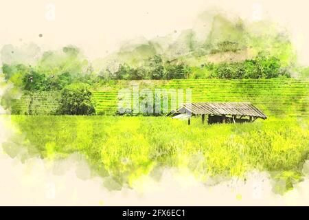 Abstrakte bunte Form auf Baum-und Feldlandschaft in Thailand auf Aquarell Illustration Malerei Hintergrund. Stockfoto