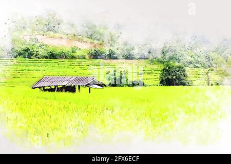 Abstrakte bunten Baum- und Flusssee Landschaft Aquarell Illustration Hintergrund. Stockfoto
