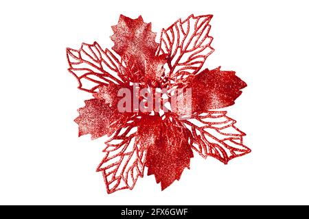 Rote Blume auf weißem Hintergrund isoliert Nahaufnahme, schöne rote Metallblume, glänzende metallische Blätter, rote Blumenmuster, Weihnachtsbaum Dekoration Stockfoto