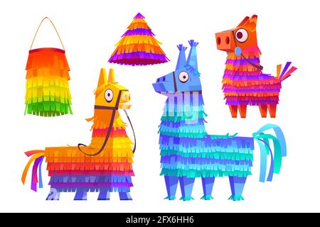 Mexikanische Pinatas Esel und Lama, bunte Spielzeug mit Leckereien für Kindergeburtstag, Party-Feier, Karneval oder Fiesta, niedliche Tiere Papierbehälter für Bonbons, Cartoon-Vektor-Illustration, Ikonen-Set Stock Vektor