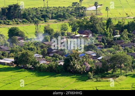 Grünes Reisfeld rund um das Bauerndorf in Chiang Mai, Thailand Stockfoto