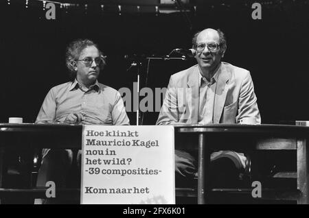 Holland Festival, Pressekonferenz; Frans de Ruiter (Regie: Holland Festival) (l) und Mauricio Kagel während der Pressekonferenz, 29. Mai 1985, Festivals, Pressekonferenzen, Niederlande, 20. Jahrhundert Presseagentur Foto, Nachrichten zu erinnern, Dokumentarfilm, historische Fotografie 1945-1990, visuelle Geschichten, Menschliche Geschichte des zwanzigsten Jahrhunderts, Momente in der Zeit festzuhalten Stockfoto