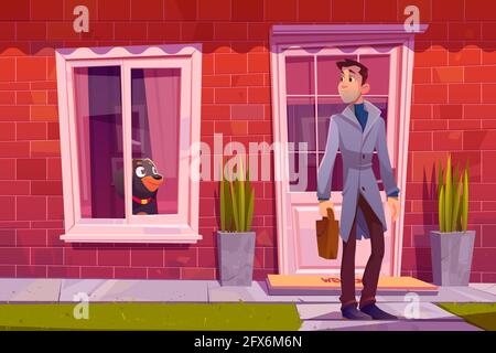 Mann, der mit Hund das Haus verlässt, sieht ihn durch das Fenster. Besitzer männlicher Charakter hält Tasche geht bei der Arbeit, Hund wartet zu Hause. Freundschaft und Liebe zu Haustiertieren, Cartoon Vektor Illustration Stock Vektor