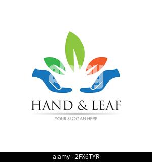 Hand und Blatt Logo Vektor Illustration Design Vorlage Stock Vektor