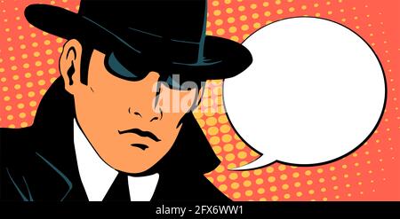 Detective ermittelt. Gekleidet in einen Retro-Regenmantel und Hut. Schwarze Brille tragen. Für Text platzieren. Retro-Cartoon-Illustration im Pop-Art-Stil Stockfoto