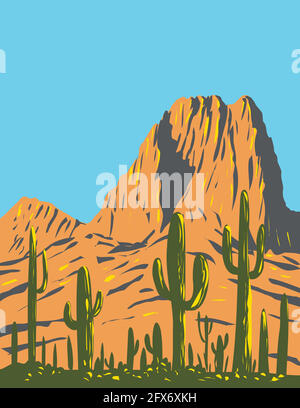 WPA Poster Art von saguaro Kaktus mit Bienenstock Peak in Tucson Mountains im Saguaro National Park in Arizona Erledigt in Works Projekt Admin Stock Vektor