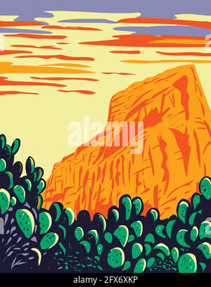 WPA Poster Kunst des Kaktus aus Kaktus mit Kaktus mit roter Butte In den Tucson Mountains im Saguaro National Park in Arizona in Arbeit Projekt ADM getan Stock Vektor