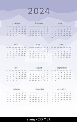 Vertikaler Lavendelkalender für 2024 Jahre. Berge Silhouetten abstrakt Gradienten bunten Hintergrund. Kalenderdesign für Print und Digital. Wochensta Stock Vektor