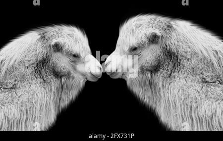 Zwei Niedliche Alpaka Mit Großen Haaren Auf Schwarzem Hintergrund Stockfoto