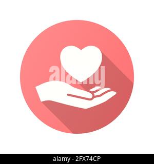 Herz in der Hand-Symbol. Einfache Illustration mit langem Schatten isoliert für Grafik- und Webdesign. Stock Vektor