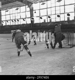 Eishockey im Apollohal in Amsterdam, Oktober 1945, Eishockey, Sport, Niederlande, 20. Jahrhundert Presseagentur Foto, Nachrichten zu erinnern, Dokumentarfilm, historische Fotografie 1945-1990, visuelle Geschichten, Menschliche Geschichte des zwanzigsten Jahrhunderts, Momente in der Zeit festzuhalten Stockfoto