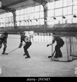Eishockey im Apollohal in Amsterdam, Oktober 1945, Eishockey, Sport, Niederlande, 20. Jahrhundert Presseagentur Foto, Nachrichten zu erinnern, Dokumentarfilm, historische Fotografie 1945-1990, visuelle Geschichten, Menschliche Geschichte des zwanzigsten Jahrhunderts, Momente in der Zeit festzuhalten Stockfoto