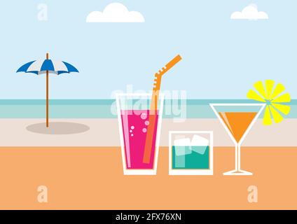 Cocktailparty-Einladung. Vintage Poster, Vektor-schwarzer Hintergrund in flachem Design, Sonnenschirm am Strand, Sommerhintergrund Stock Vektor