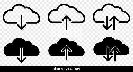 Satz von Cloud-Symbolen zum Herunterladen und Hochladen. Linienstil. Cloud Computing-Umriss und ausgefülltes Vektorzeichen herunterladen. Vektorsymbole auf Transparentfolie isoliert Stock Vektor