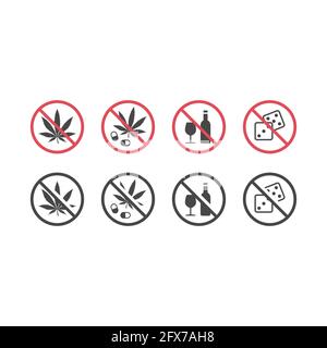 Kein Alkohol und keine Drogen rotes Verbotsschild. Symbol „kein Glücksspiel“. Stock Vektor