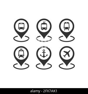 PIN-Vektor-Symbolsatz für ÖPNV-Standorte. Bus-, U-Bahn- und Bahnhof, Flughafen-Markierungssymbole. Stock Vektor