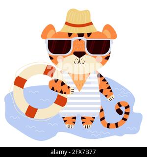 Niedlicher Tiger. Lustige gestreifte Figur am Strand in Sonnenbrillen, einem Hut, einem Badeanzug und einer Rettungsboje in einer Pfote auf blauem Hintergrund. Vektorgrafik Stock Vektor