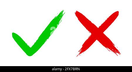 Zwei schmutzige, handgezeichnete Pinselstriche kreuzen x und kreuzen V an OK markieren Vektordarstellung auf weißem Hintergrund isoliert. Stock Vektor