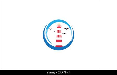 Leuchtturmsymbol-Logo-Design mit Möwen Vektor-Illustration Stock Vektor