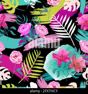 Vektor Nahtloses Aquarell tropisch, Dschungel-Muster mit Monstera-Blättern, Palmblätter, botanische Blumen auf einem schwarzen Hintergrund. Stock Vektor