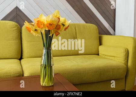 Gelbe Narzissen auf dem Couchtisch im Wohnzimmer Mit heller Couch Stockfoto