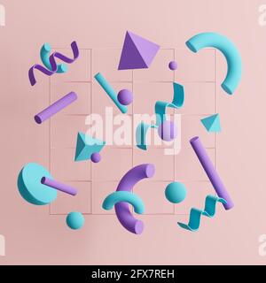 3D-Darstellung von violetten und türkisfarbenen Formen auf beigem Hintergrund. Stockfoto