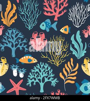 Nahtloses Korallenriff-Muster. Sealife Hintergrundkonzept. Farbenfrohe, handgezeichnete Illustration. Dunkelblauer Hintergrund, Stock Vektor