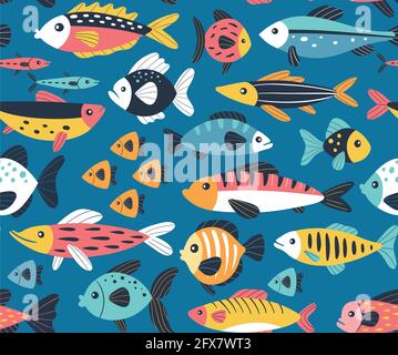 Schwimmende Fische nahtloses Muster. Sealife-Konzept. Farbenfrohe, handgezeichnete Vektorgrafik auf blauem Hintergrund. Stock Vektor