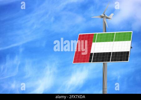 Solar Panels gegen einen blauen Himmel mit ein Bild von der Flagge der Vereinigten Arabischen Emirate Stockfoto