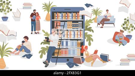 Online-Bibliothek Vektor flache Illustration. Menschen, die in bequemen Posen sitzen und sich auf Prüfungen vorbereiten, studieren, arbeiten und Bücher lesen. Online-Bildung, Lehrkonzept. Stock Vektor