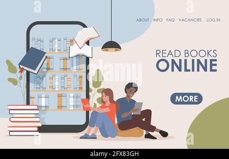 Lesen Sie Book Online Vector Flat Landing Page Template. Junge glückliche Männer und Frauen, die elektronische Bücher lesen, sitzen in der Nähe einer großen Ausstellung mit Bücherregalen. Online-Bildung, Bibliothek zum Lesen Konzept. Stock Vektor