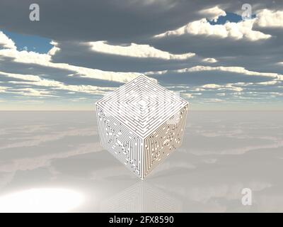 Der Maze Cube schwebt in einer leeren Landschaft. 3D-Rendering. Stockfoto