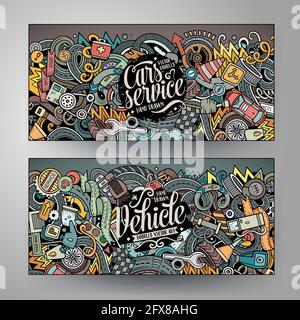 Cartoon niedlich bunte Vektor Hand gezeichnet Doodles Automobil-Banner Stock Vektor