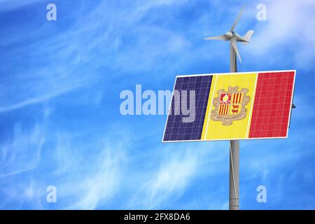 Solar Panels gegen einen blauen Himmel mit ein Bild von der Flagge von Andorra Stockfoto
